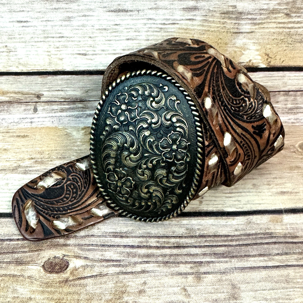 Fossil Womens Genuine Leather Brown & Gold Hand Tooled Boho Western Belt L